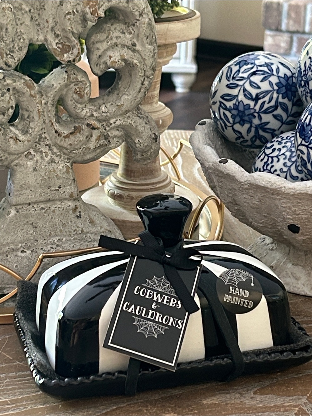 NEW! Shabby Chic Gothic Black & White Striped Covered Ceramic Butter Dish